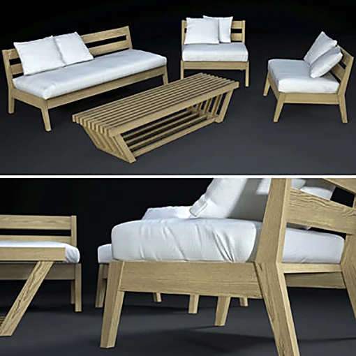 Outdoor Furniture Set with Wooden Frames and White Cushions