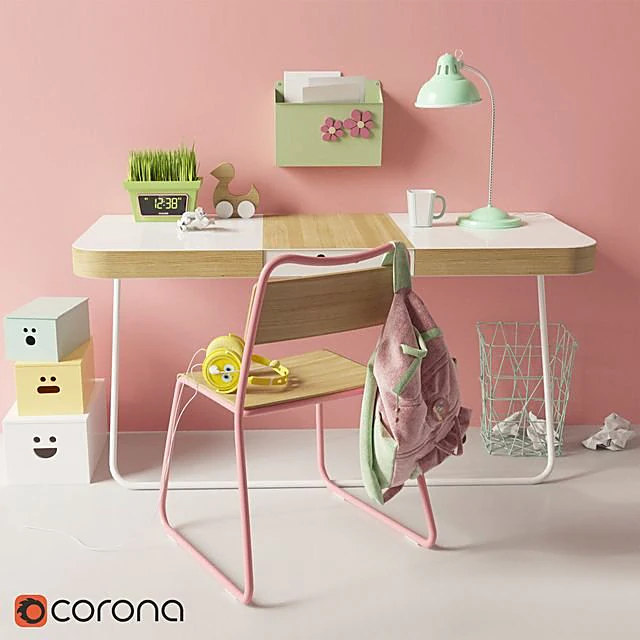 Desk and Chair Set with Green and Pink Accents