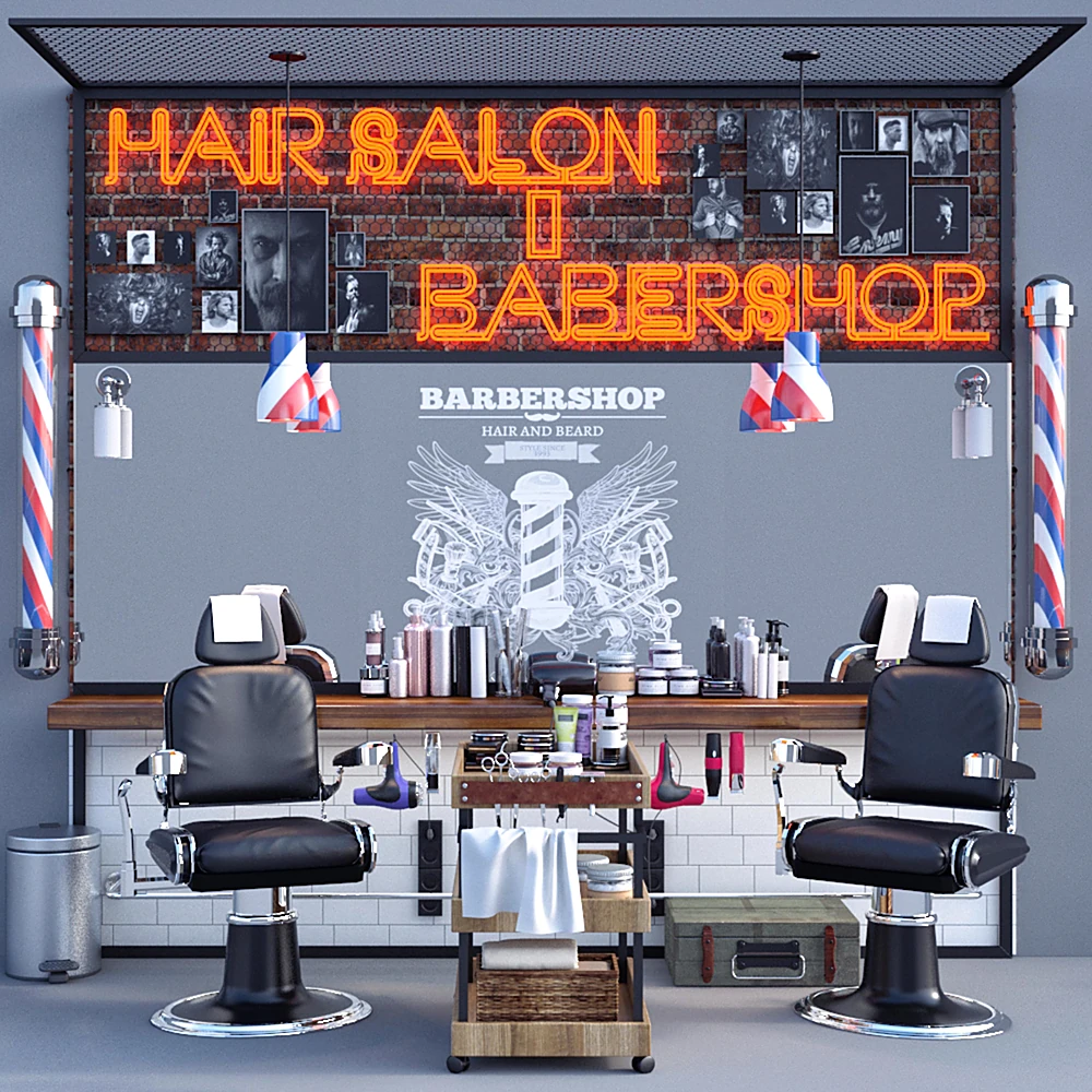 Barber Shop Setup with Neon Signage and Leather Chairs