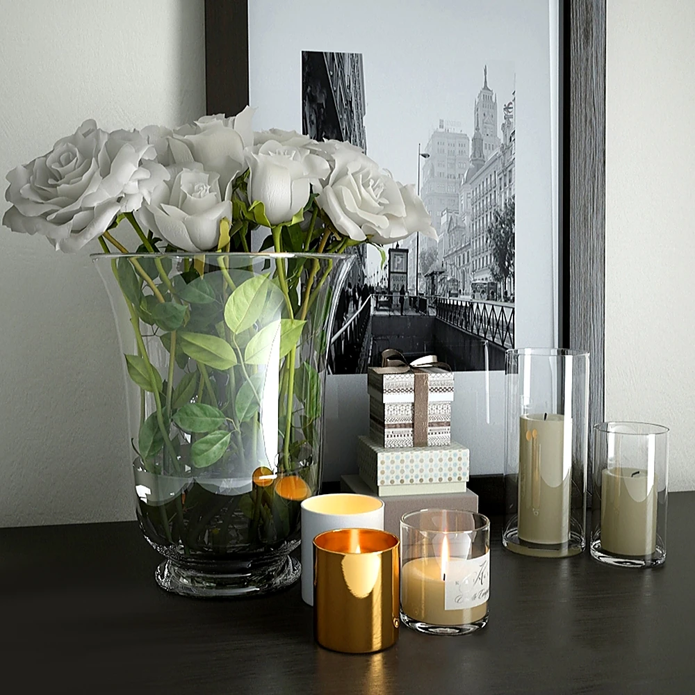 Decorative Set with Vase, Roses, Candles, and Picture