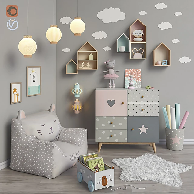 Childroom Decor Set with Playful Cat Bean Bag and Pastel Furniture