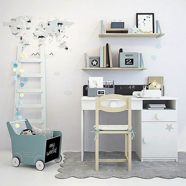 Children's Desk Set with Integrated Storage and Wooden Chair