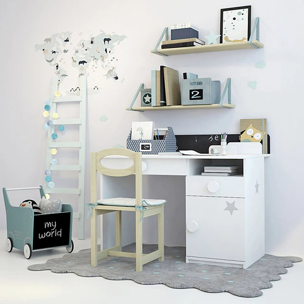 Children's Desk Set with Integrated Storage and Wooden Chair (2)
