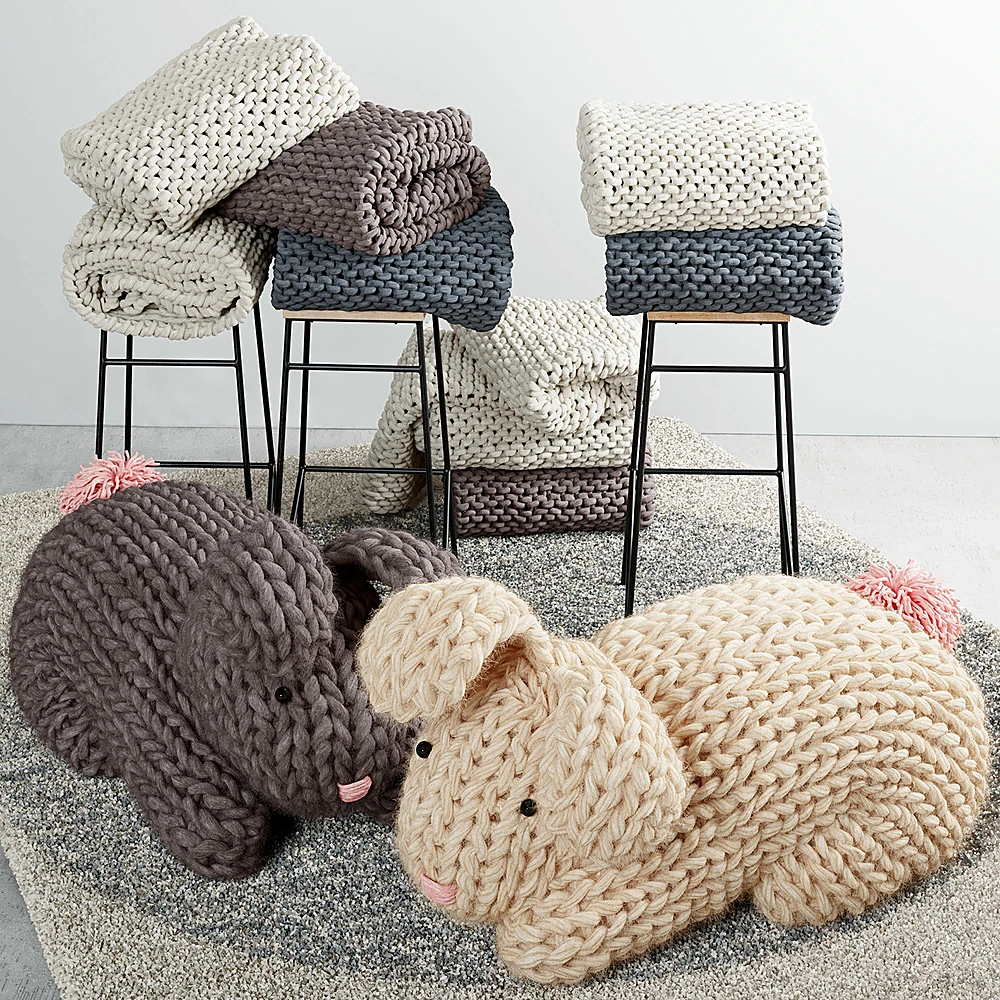 Knitted Hare Pouf with Chunky Knit Texture