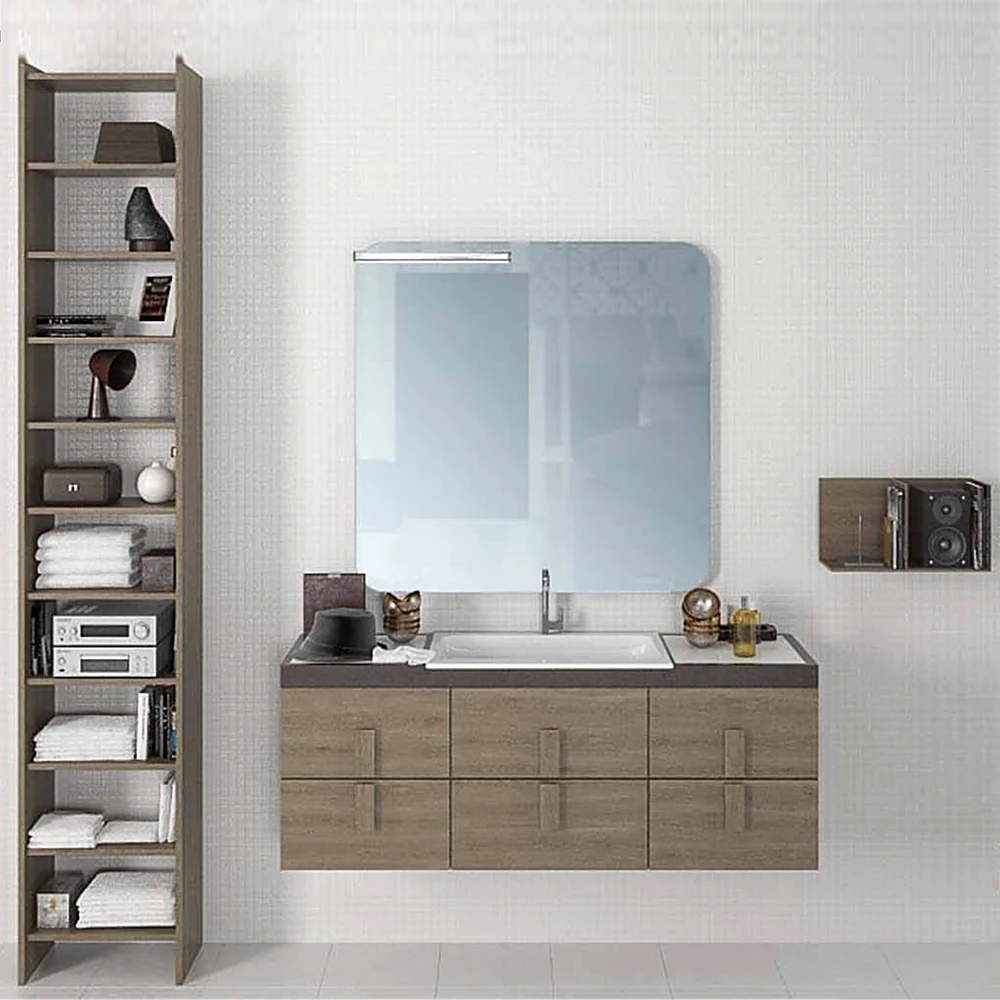 Modern Bathroom Vanity Unit and Tall Rack with Wood Finish