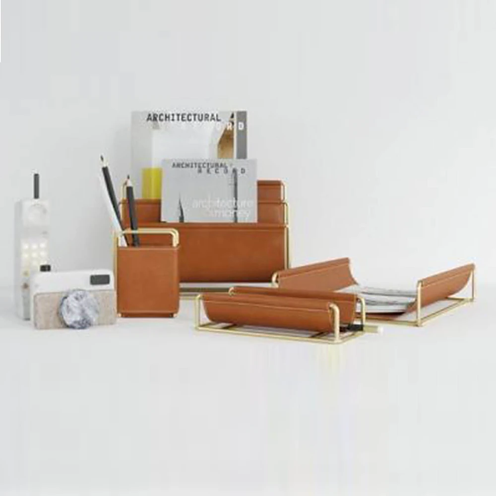 Desk Accessories Set Faux Leather Brass by West Elm