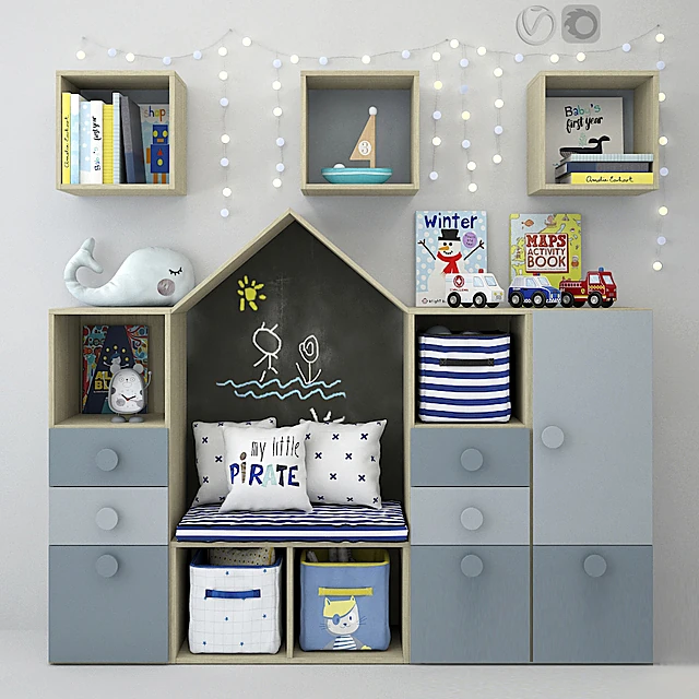 Children's Storage Unit with Chalkboard and Seating Nook