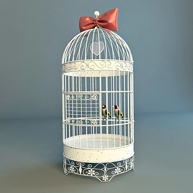 Decorative Bird Cage with Red Bow and Birds