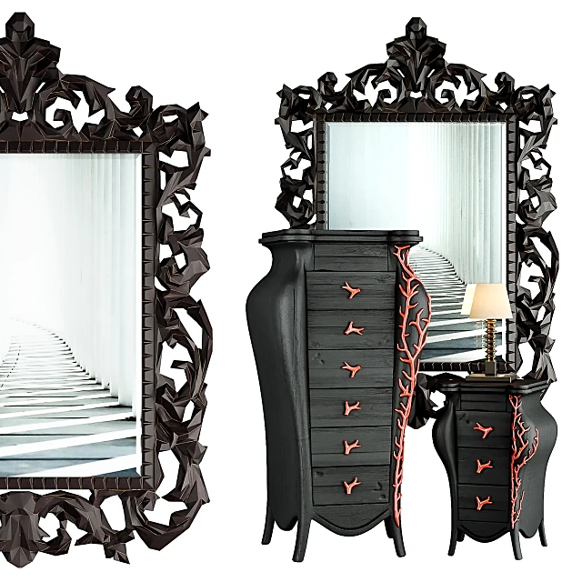 Console and Mirror Set with Ornate Coral Design