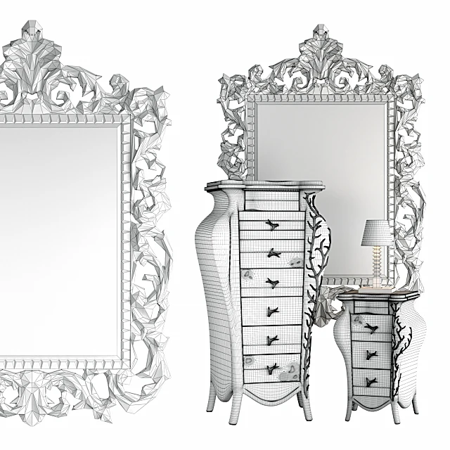 Console and Mirror Set with Ornate Coral Design (3)