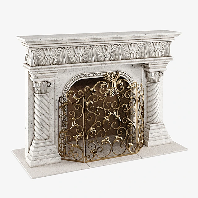 Classical Stone Fireplace Mantel and Ornate Screen