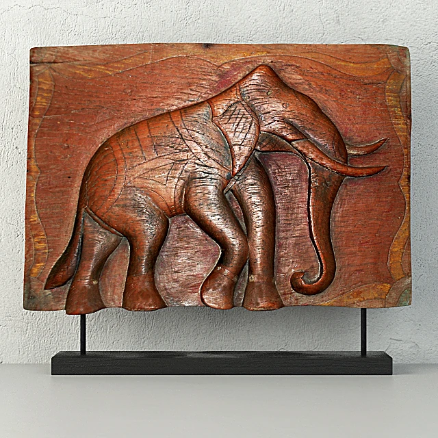 Antique Indian Elephant Relief Panel with Wood Carving