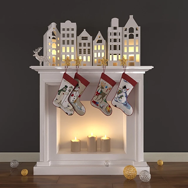 Christmas decoration set with illuminated houses and stockings
