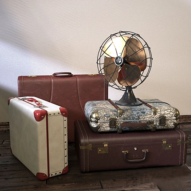 Vintage Decor Set with Fan and Suitcases