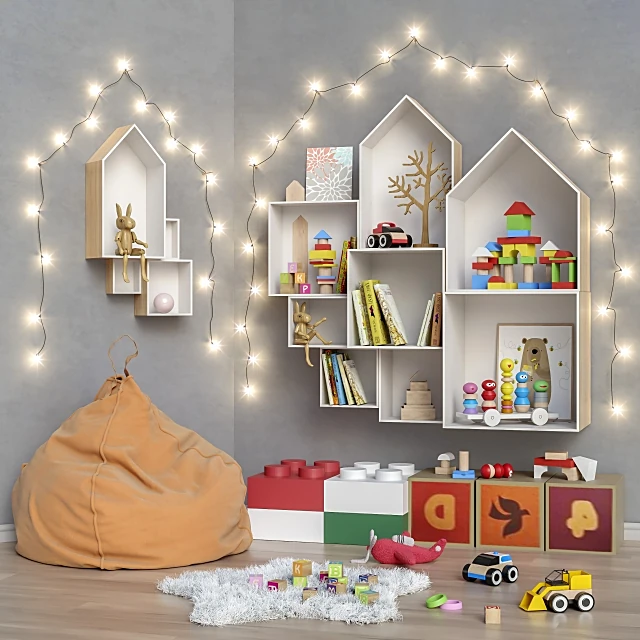 Childroom Furniture Set with House Shelves and Storage Blocks