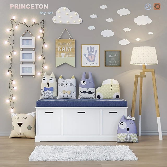 Children's Room Decor Set with Storage Bench and Playful Accents