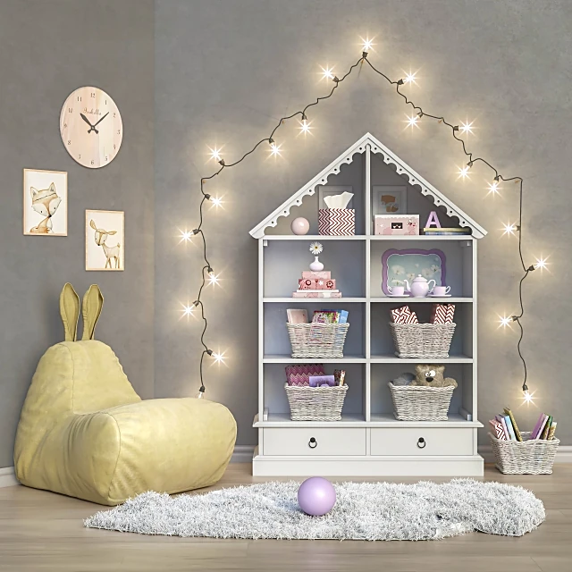 Children's Room Furniture Set with House-Shaped Bookshelf and Bunny Bean Bag