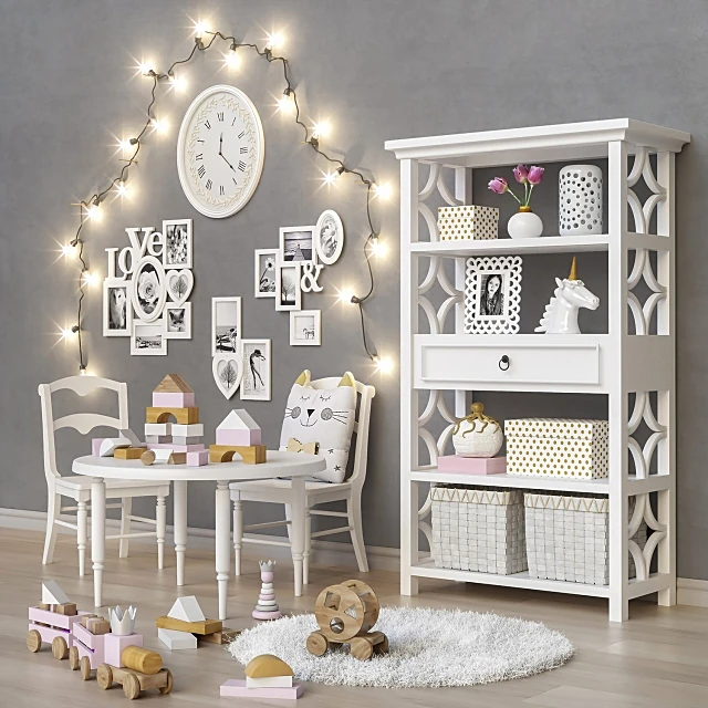 Children's Room Set with White Furniture and Wooden Toys