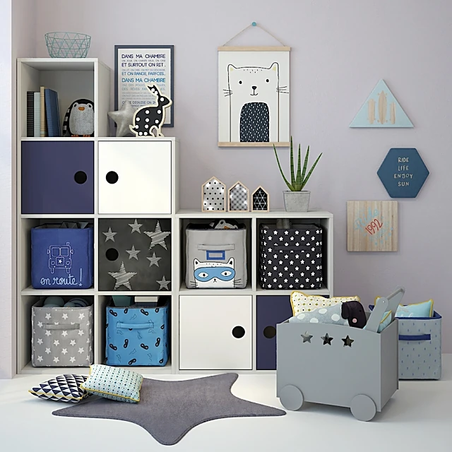 Modular Shelving Unit with White and Navy Cubbies