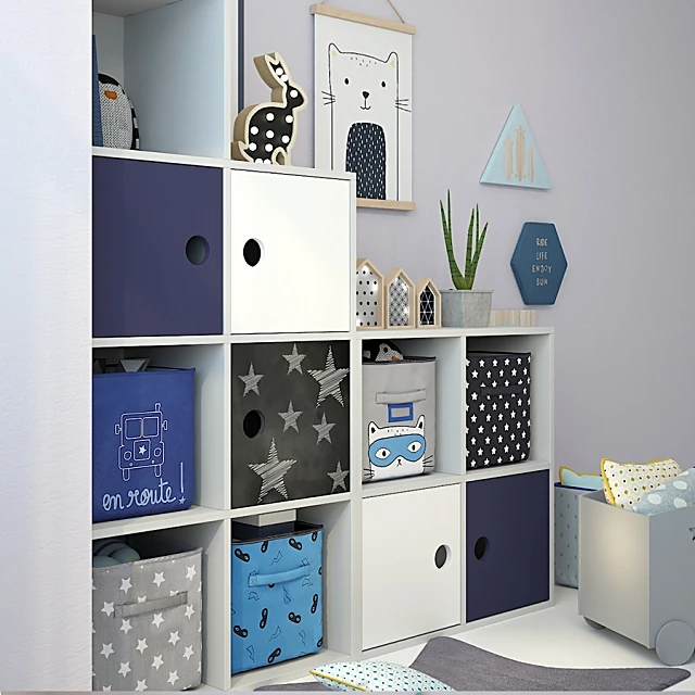 Modular Shelving Unit with White and Navy Cubbies (2)