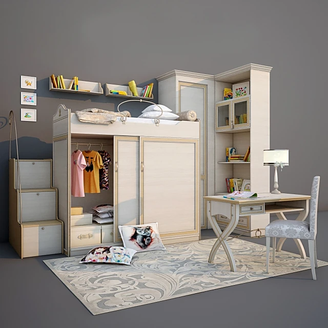 Children's Furniture Set with Integrated Loft Bed and Wardrobe