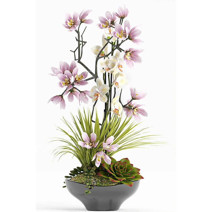 Decorative Plant Arrangement with Pink and White Orchids