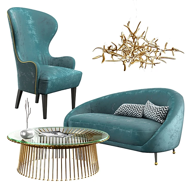 Living Room Furniture Set with Teal Velvet and Gold Accents