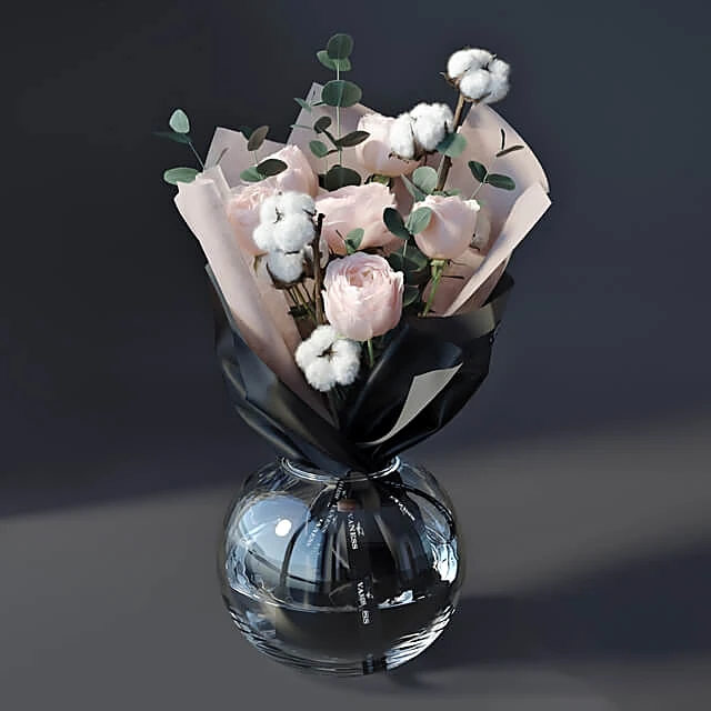 Bouquet with Cotton and Pink Roses