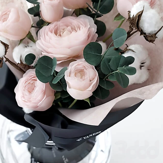 Bouquet with Cotton and Pink Roses (2)