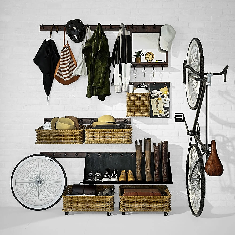 Hallway Storage System with Woven Baskets and Dark Wood