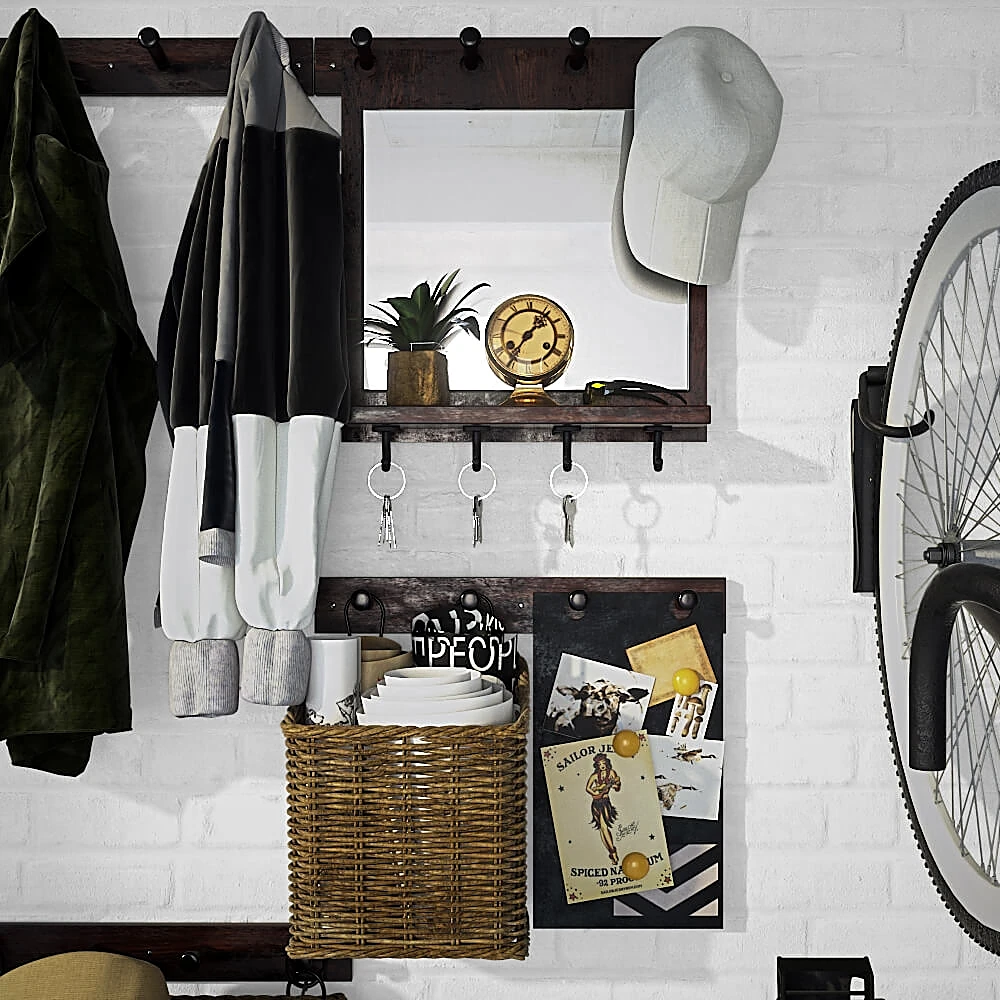 Hallway Storage System with Woven Baskets and Dark Wood (2)