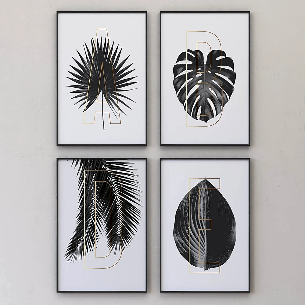 Set of Framed Pictures with Botanical Leaves and Gold Letters