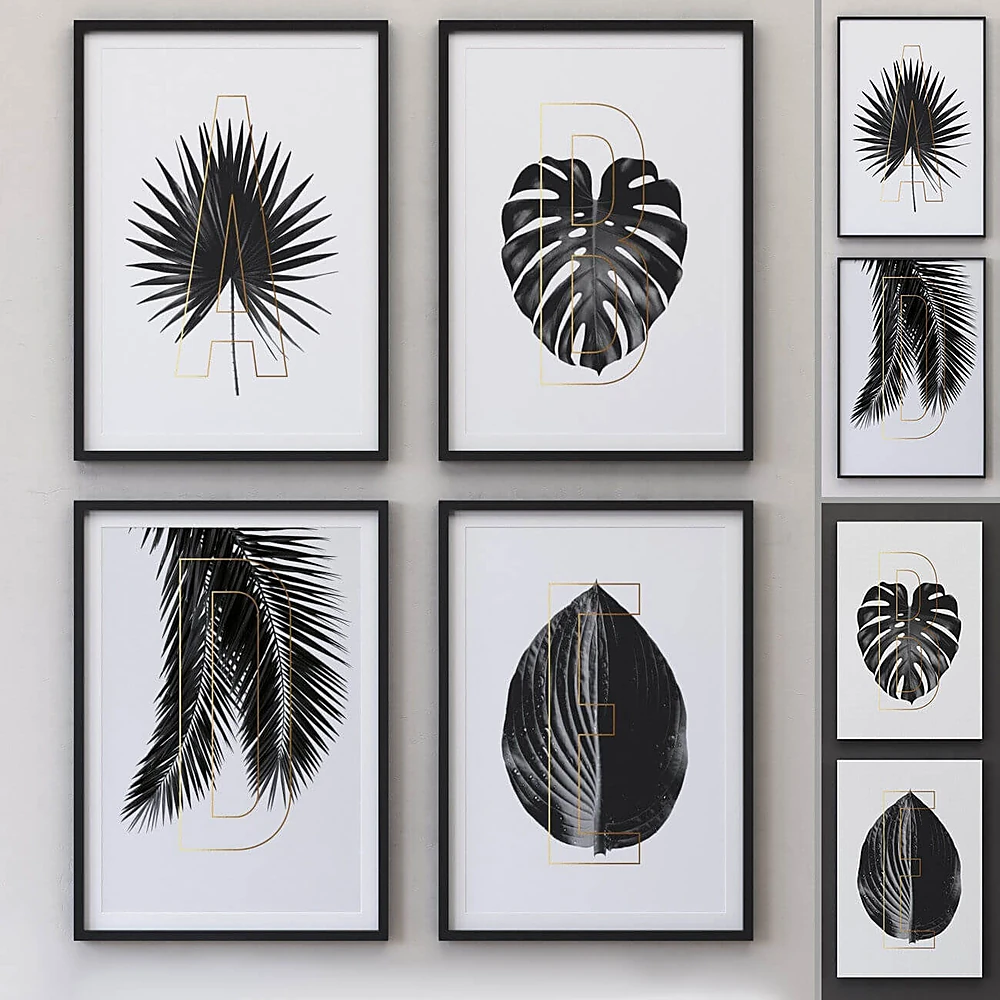 Set of Framed Pictures with Botanical Leaves and Gold Letters (2)