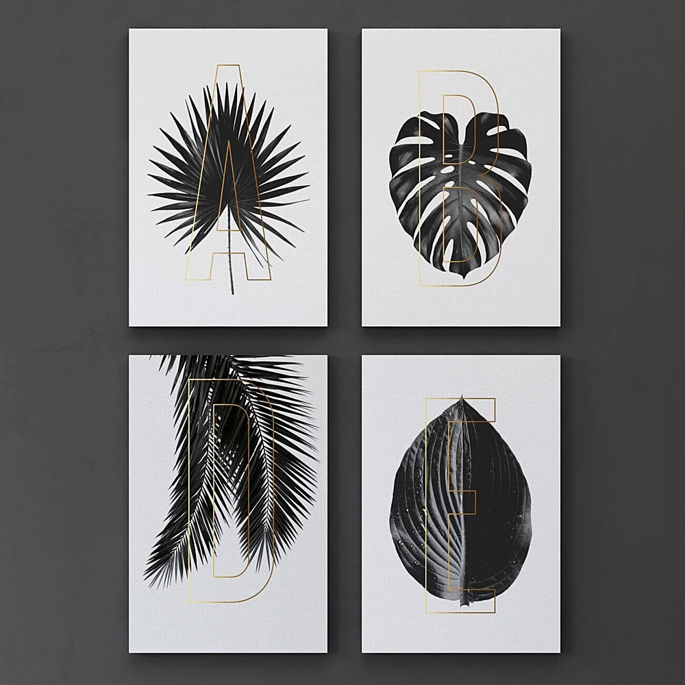Set of Framed Pictures with Botanical Leaves and Gold Letters (3)