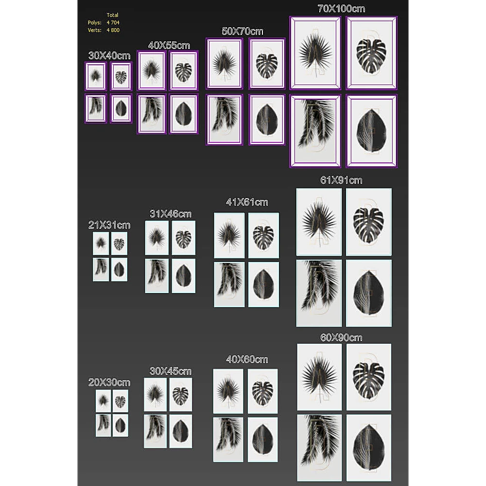 Set of Framed Pictures with Botanical Leaves and Gold Letters (4)