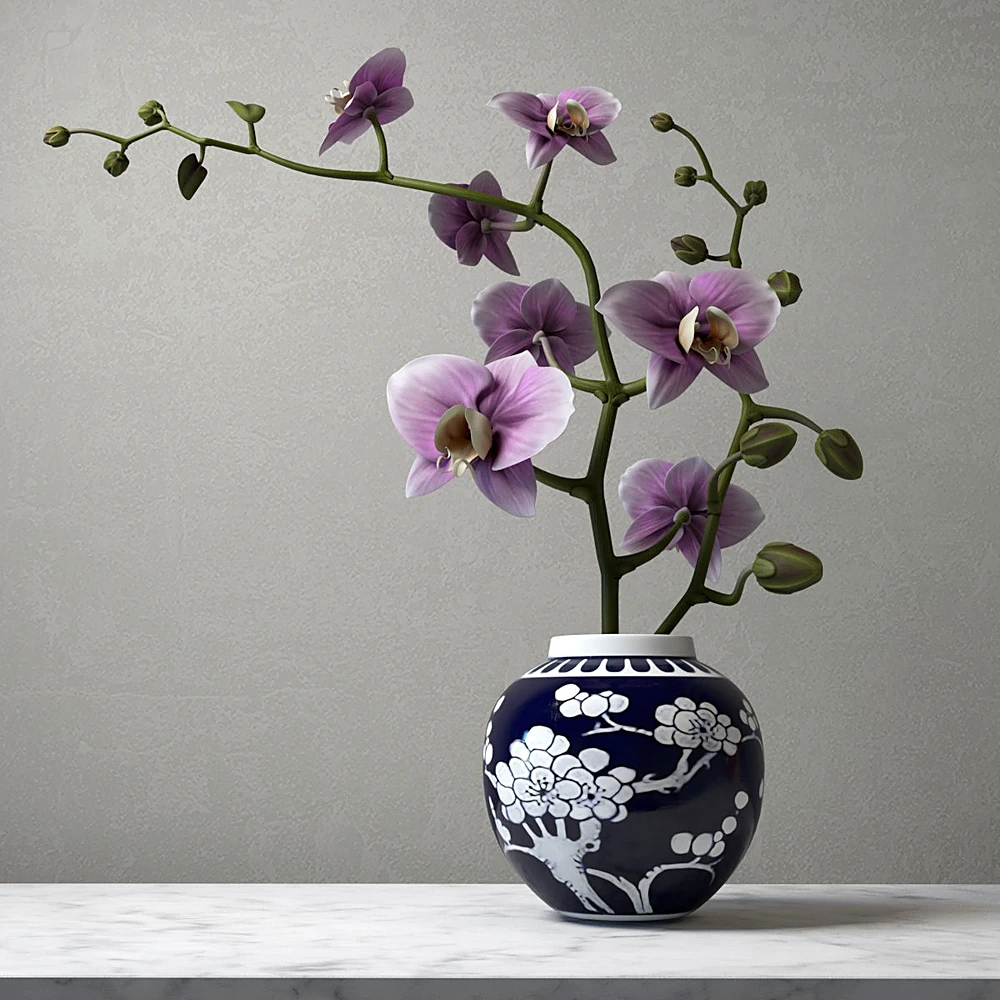 Decorative Vase with Orchid and Blue and White Floral Pattern
