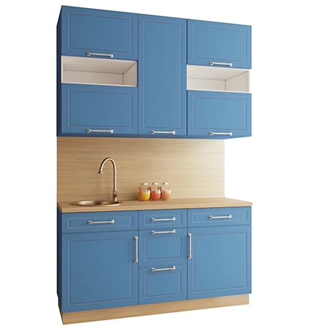 Kitchen furniture set with blue cabinets and wooden countertop