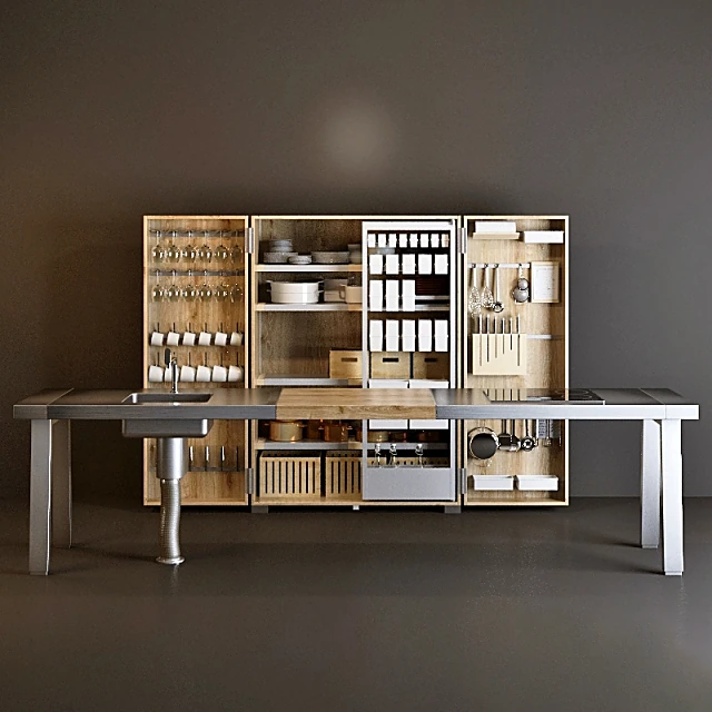 Modern Kitchen Unit with Wood and Metal Elements