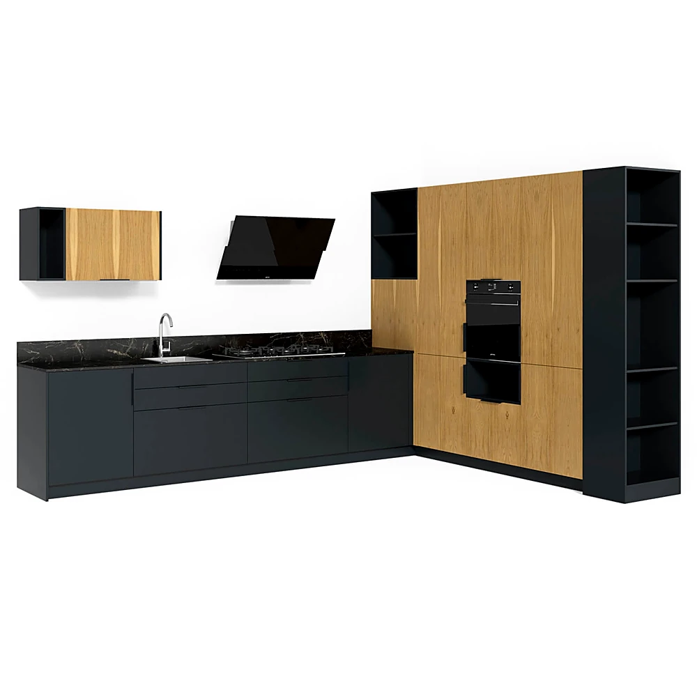 Modern Kitchen Furniture Set with Wood and Dark Cabinets