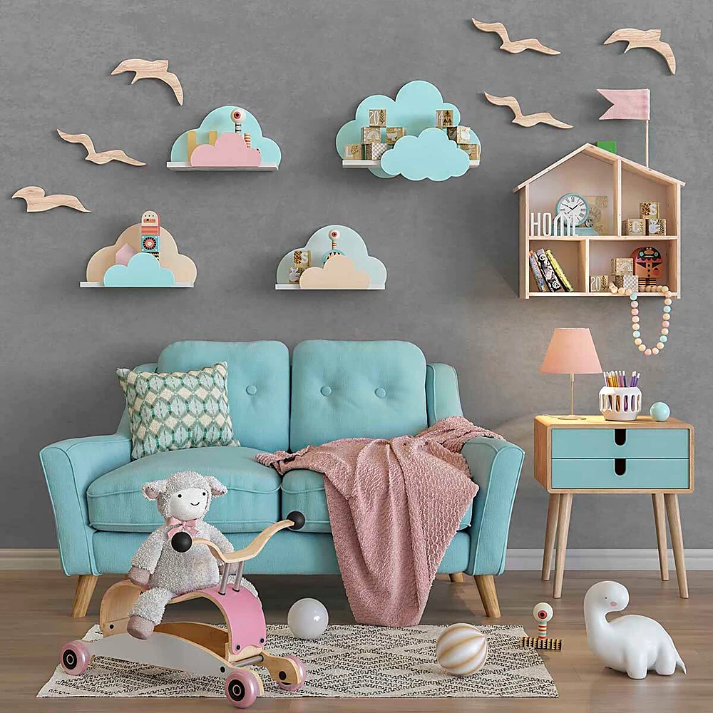 Childroom Furniture and Decor Set with Cloud Shelves and Ride-on Toy