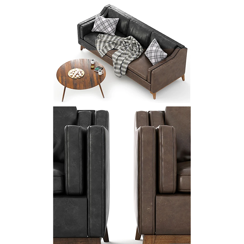 Sofa and Coffee Table Set with Distressed Leather and Wooden Legs