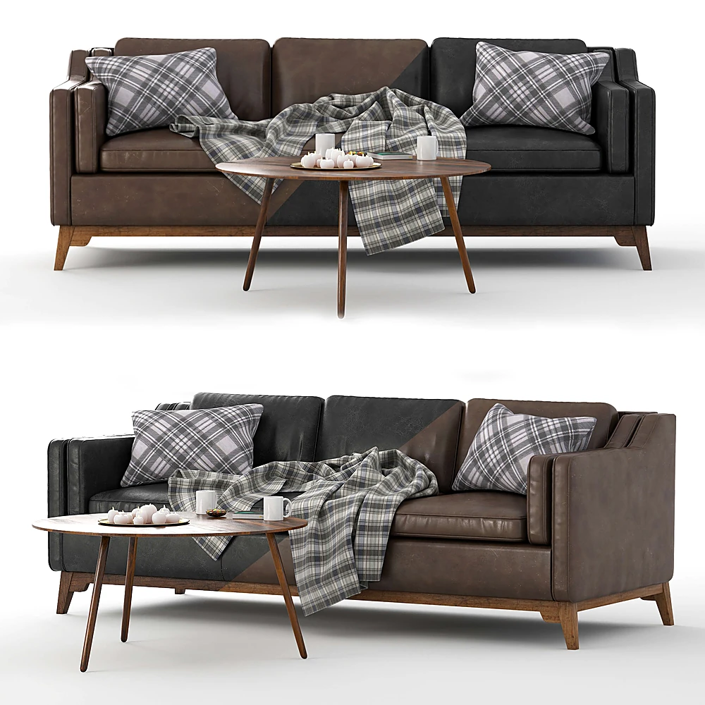 Sofa and Coffee Table Set with Distressed Leather and Wooden Legs (2)