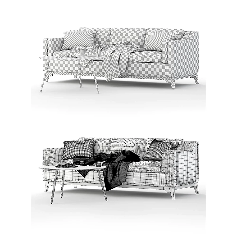Sofa and Coffee Table Set with Distressed Leather and Wooden Legs (3)