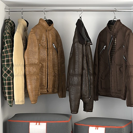 Clothes on Hangers with Leather Jackets and Plaid Shirt