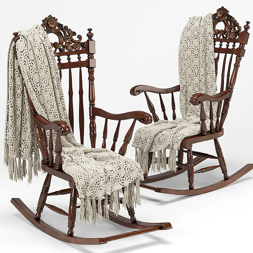 Rocking Chair Set with Carved Wood and Plaid