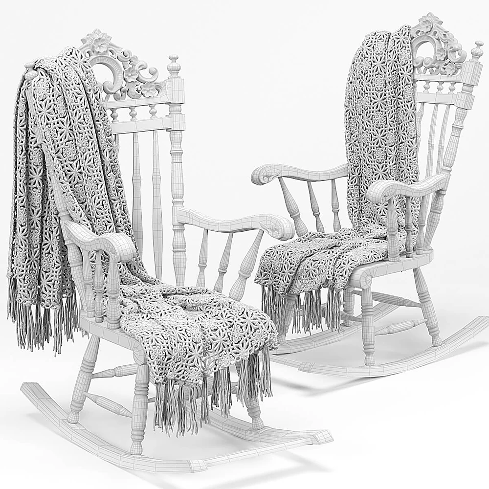 Rocking Chair Set with Carved Wood and Plaid (2)