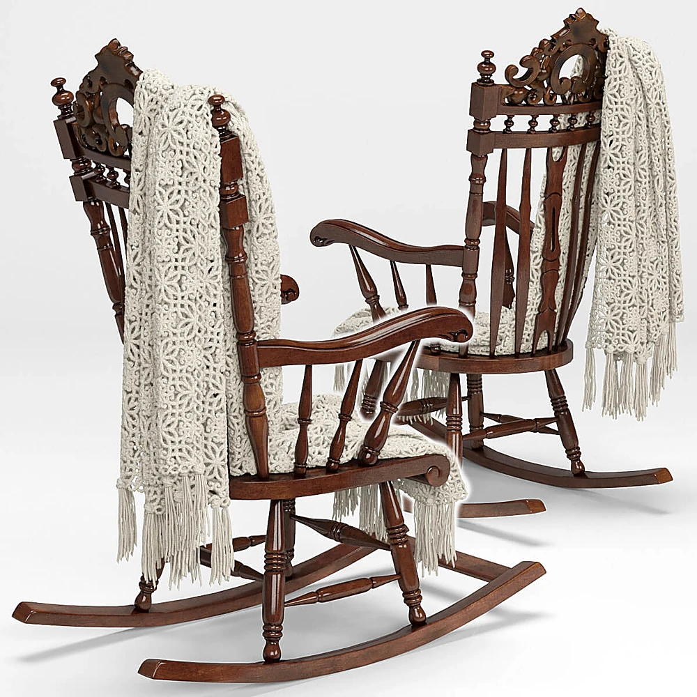 Rocking Chair Set with Carved Wood and Plaid (3)