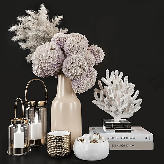Eclectic Decorative Set with Dry Flowers and Coral