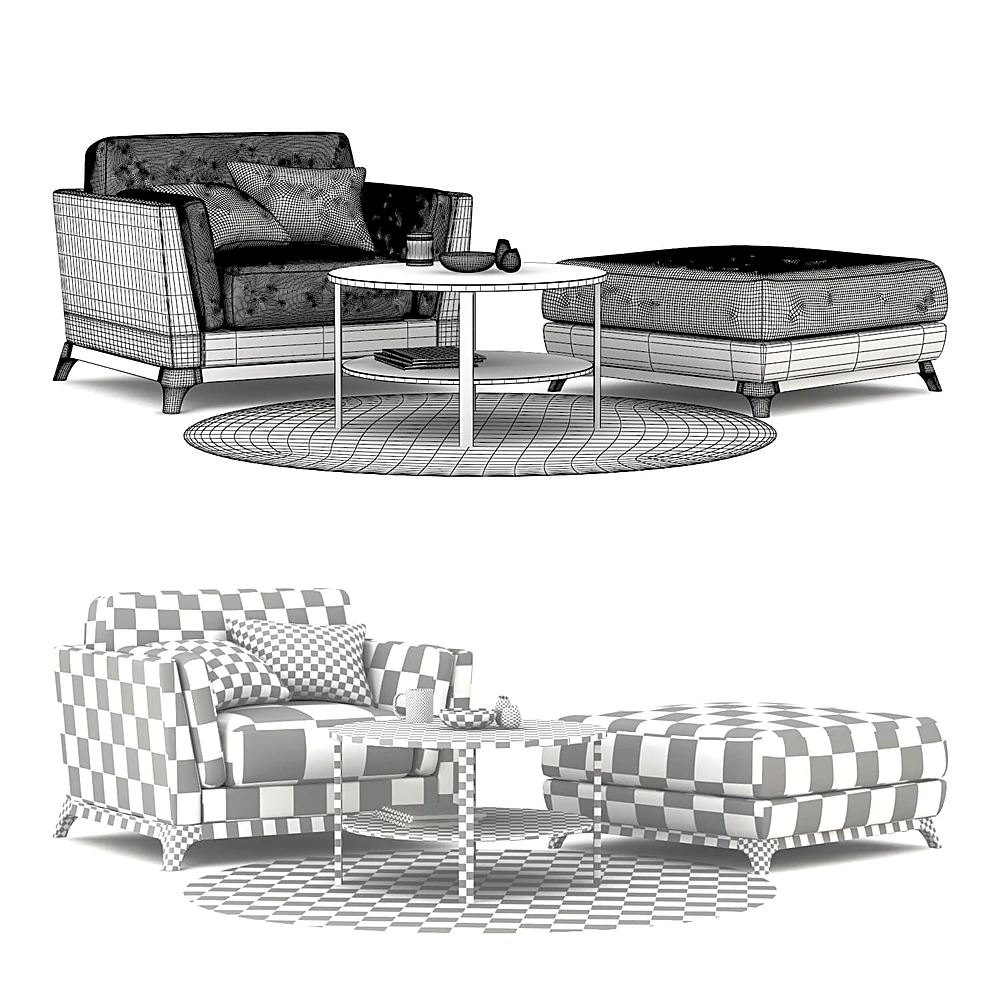 Modern Upholstered Armchair and Pouf (2)