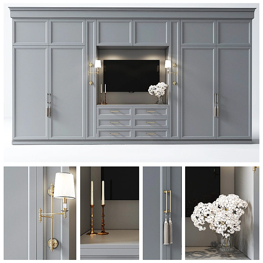 Classic Wardrobe System with Paneling and Brass Hardware